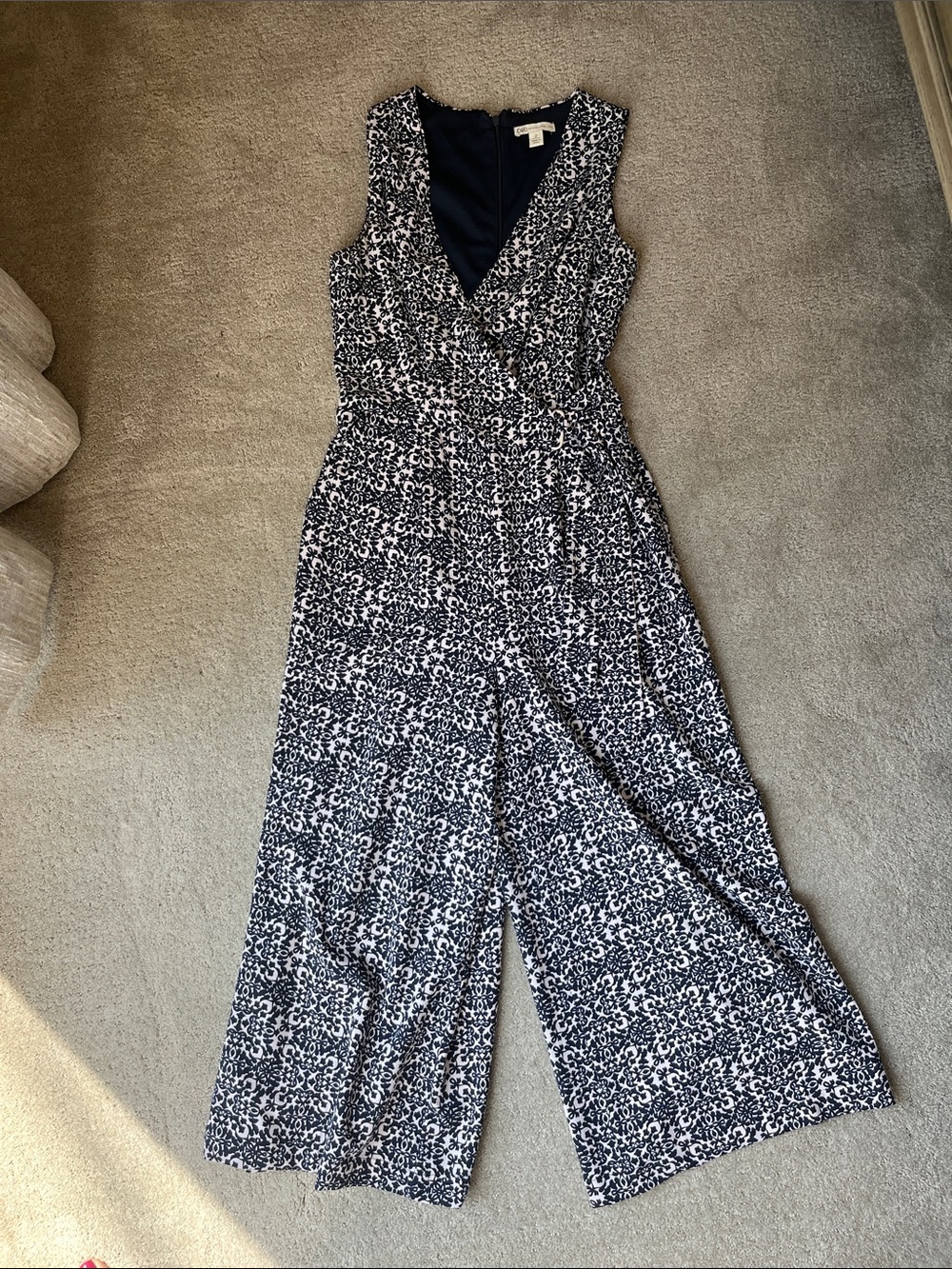 Cato Navy & White Floral Sleeveless Wide-Leg Jumpsuit